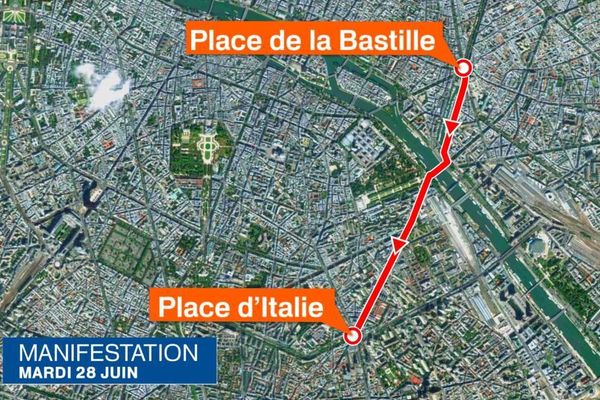 Le parcours de la manifestation parisienne contre la loi Travail, le mardi 28 juin.