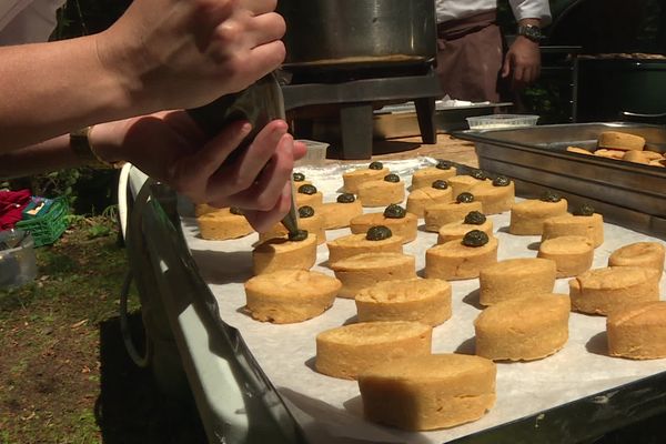 Panisses au comté fruité, condiment aux algues.