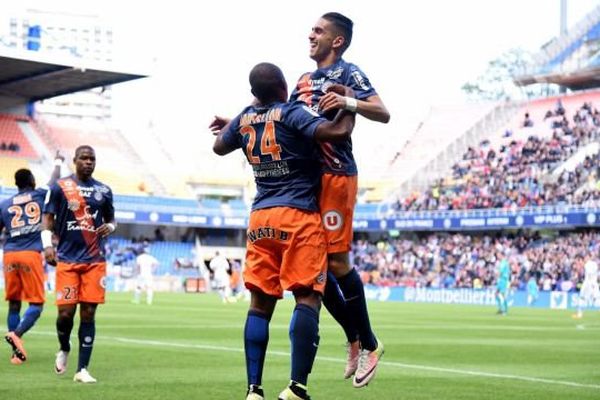 La joie des footballeurs monptellierains qui viennent de battre Troyes 4 à 1 et faire un grand pas vers le maintien en L1