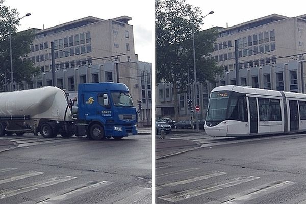 Rouen le 2 novembre 2012 : les camions circulent sur les quais hauts et croisent à angle droit le parcours des tramways