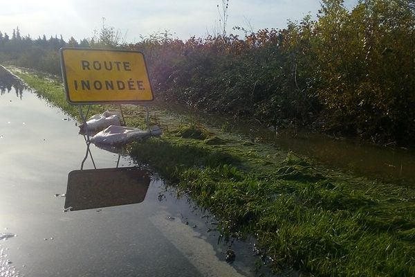 Plusieurs routes sont inondées dans le Gard dans le secteur de Beaucaire suite aux crues du Rhône la nuit du 22 au 23 novembre 2016.