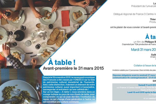 Invitation spéciale à l'avant-première du film inédit "A Table!" mardi 31 mars à 19h à l'université François Rabelais de Tours 