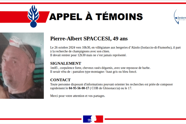 Appel à témoins de la gendarmerie après la disparition de Pierre-Albert Spaccesi.