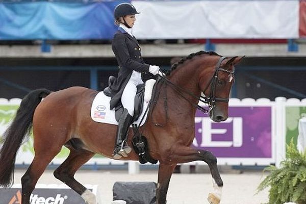 Laura Graves, cavalière américaine, lors de l'épreuve individuelle de dressage des JEM, le jeudi 27 août 2014