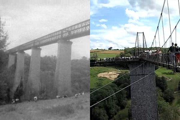 A gauche, le viaduc de la Souleuvre en 1968, à droite en 2014