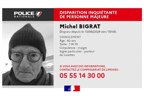 La police de la Haute-Vienne est à la recherche de cet homme de 82 ans, porté disparu.