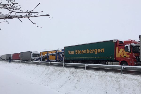 Des poids lourds arrêtés le long de l'A10. Ils ont interdiction de circuler dans tous les départements. 