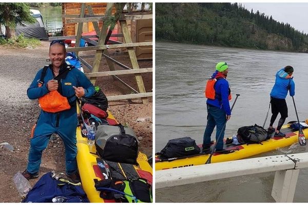 Sébastien Le Meaux (à gauche) malvoyant et son binôme ont pagayé sur la Yukon River soit 750 kilomètres à la force des bras