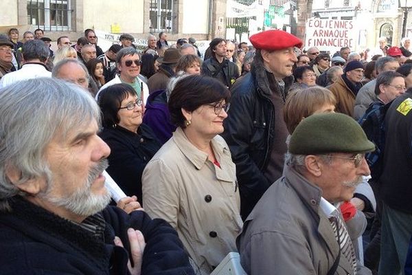 Les manifestants réunis à Rodez devant la préfecture de l'Aveyron contre l'éolien industriel