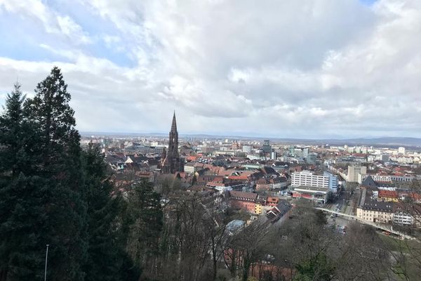 Vue sur la cathédrale de Fribourg et ses alentours.