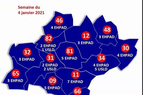 48 Ehpad et 10 USLD d'Occitanie pour démarrer la première phase de vaccination contre la Covid-19 à compter du lundi 4 janvier 2021. Leur répartition par département.