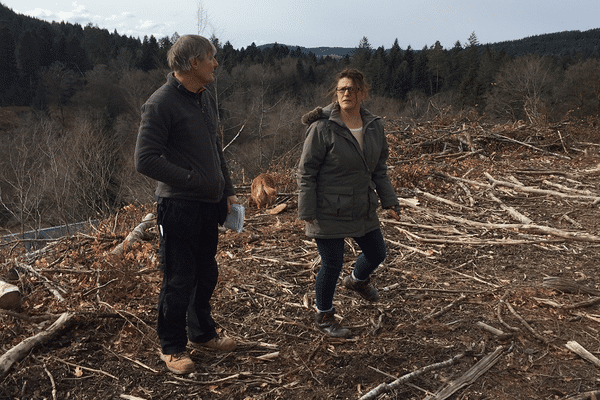 Christine et Brian Mountain sur la parcelle déboisée de leur propriété à Faux-la-Montagne (23)