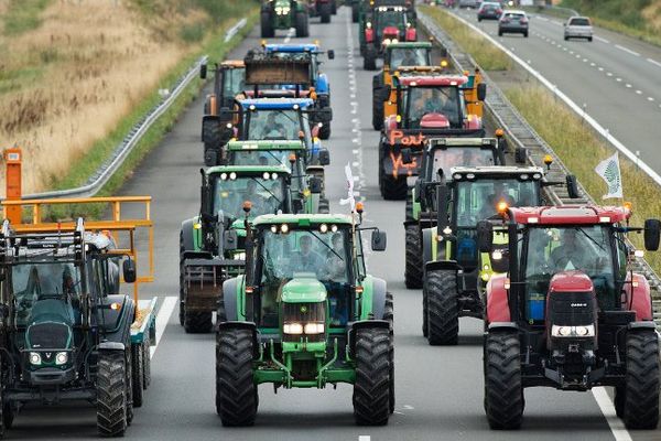 Manifestation de tracteurs sur l'autoroute près de Laval (53), le 27/07/2015