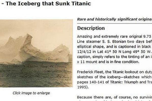 La photo de l'iceberg du Titanic reproduite sur le site de RRAuction