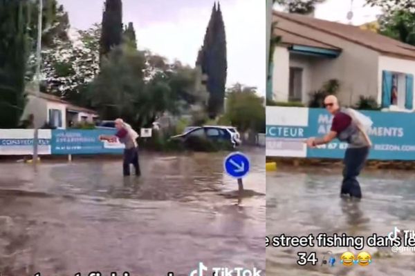 Un "pêcheur" surpris en pleine rue inondée, vrai ou fake ?