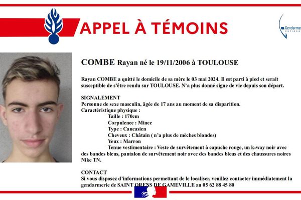 L'appel à témoins lancé le 6 mai 2024 par la gendarmerie de Haute-Garonne pour retrouver Rayan Combe.