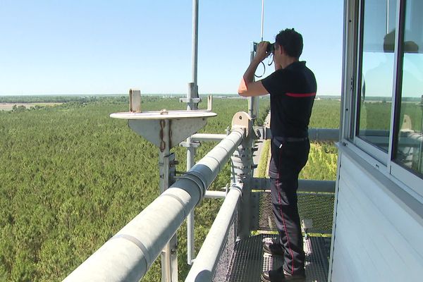 Un sapeur pompier de Gironde surveille le massif forestier depuis un observatoire à Cestas