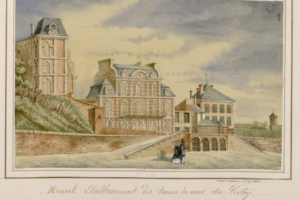 Aquarelle du 19 ème siècle du nouvel établissement des bains de mer créé par Pierre Guerlain au Crotoy