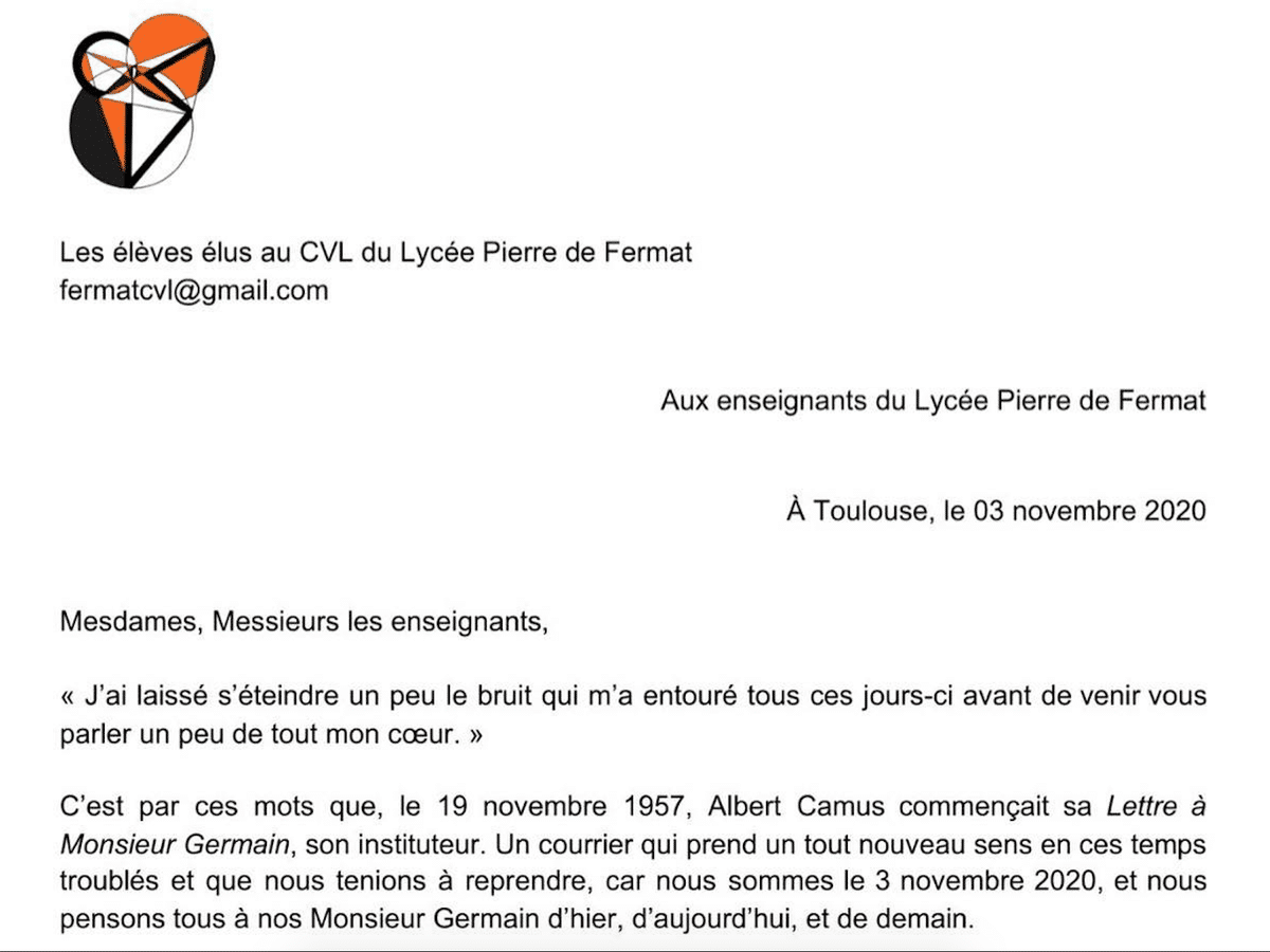 Nous Vous Disons Merci A Toulouse La Lettre De Soutien Des Eleves Du Lycee Fermat A Leurs Professeurs