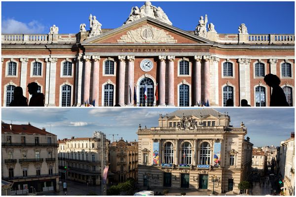 Le Capitole de Toulouse en Haute-Garonne (en haut). La place de la Comédie à Montpellier dans l'Hérault (en bas).