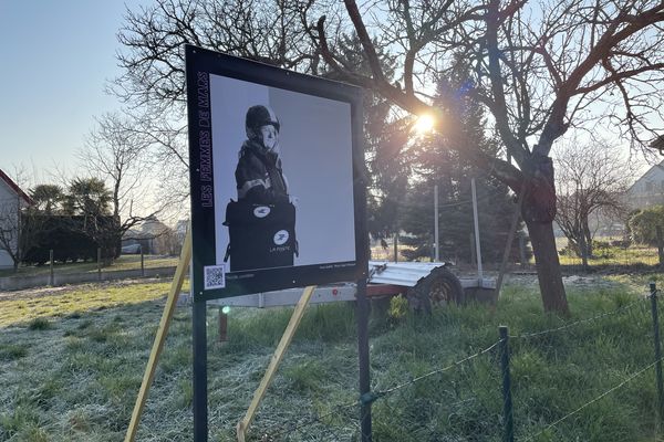 Nicole, la postière, a posé comme les habitants d'Hésingue la connaissent : avec son casque de scooter et sa sacoche, et son joli sourire. Son portrait se dévoile au détour d'un pré, au long d'une promenade de 2 kilomètres dans le village.