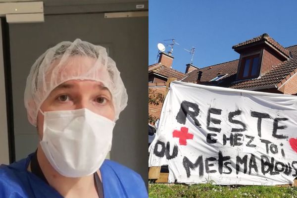 Thibaut P. dans le service des Urgences du CHU de Lille et devant chez lui avec une banderole "Reste chez toi"