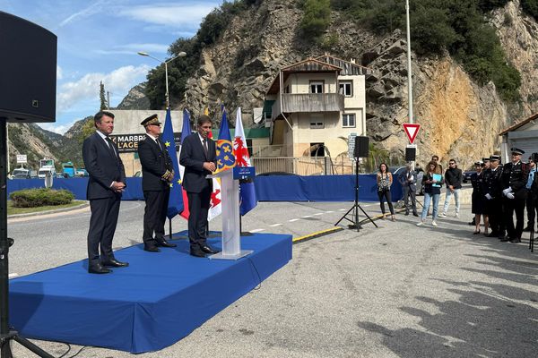 2 octobre 2024, Plan du Var (Alpes-Maritimes) : Commémoration de la tempête Alex, 4 ans après en présence des élus, Charles-Ange Ginésy, président du département, Christian Estrosi, président de la Métropole et le préfet.