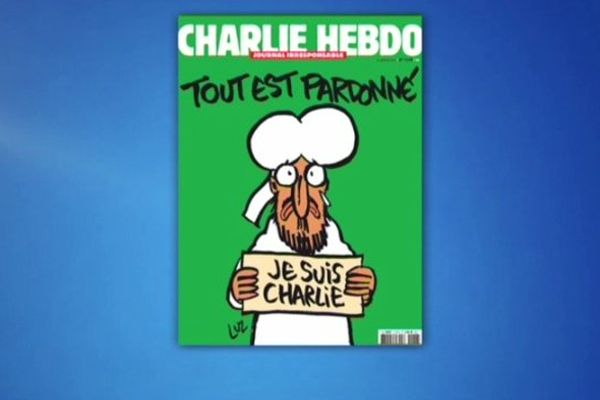 la Une de Charlie hebdo qui sortira le 14 janvier 2015. Ce numéro dit "des survivants" sera tiré à trois millions d'exemplaires, contre 60.000 habituellement, et vendu dans 25 pays. 