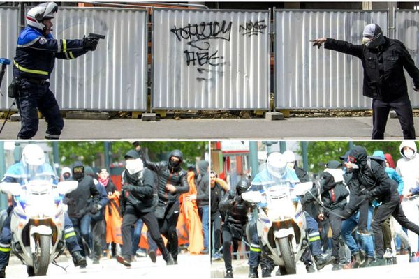 La photo du haut signée Martin Bertrand reprise par Libération. En dessous, les clichés postés par la police nationale, sur son compte twitter