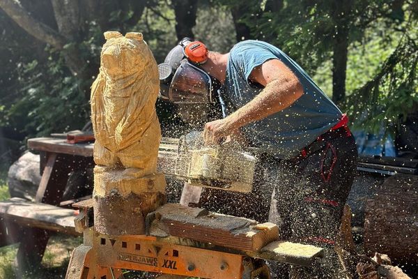 Laurent Schwoehrer redonne vie aux arbres abattus en réalisant des sculptures sur bois directement à la tronçonneuse.