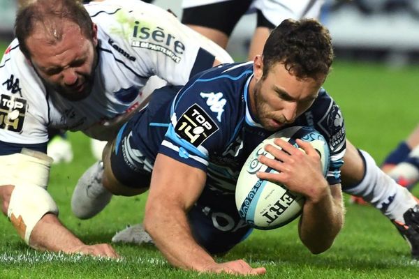 L'Australien de Montpellier Nic White marque un essai lors de la large victoire du MHR 54-14 face à Grenoble - 8 avril 2017