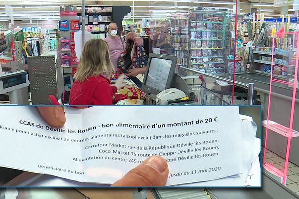 27 avril 2020 – Achats alimentaires avec un bon de la mairie à Déville-les-Rouen (Seine-Maritime) 