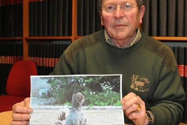 Gilles Seytre, maire de la commune de Saint-Marc-sur-Seine, en Côte-d'Or, montrant la photo  de Pentium, l'épagneul breton, et Ungaro, le griffon korthals, morts  dans la cale  du Liamone en juillet 2010.