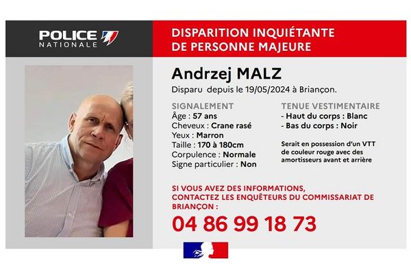 Avis de recherche d'Andrzej Malz disparu depuis le 19 mai 2024.