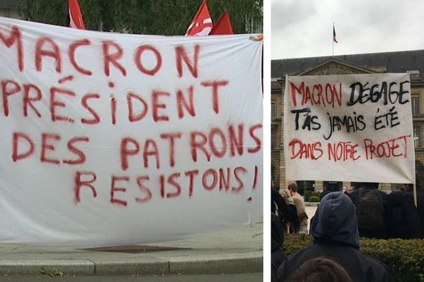 8 mai 2017 : banderoles contre le nouveau président de la République. A gauche : au Havre, à droite : à Rouen.  