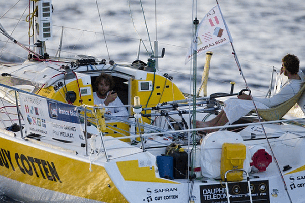 Gwenole Gahinet et Paul Meilhat a bord du Figaro Safran-Guy Cotten lors de la Transat AG2R LA MONDIALE 2014 - le 26/04/2014 