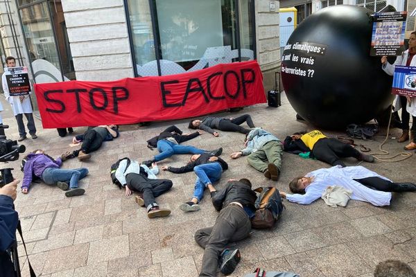 Dans plusieurs villes de France, comme ici à Toulouse, les membres de Scientifiques en rébellion se sont mobilisés devant des agences de la banque BNP Paribas, accusée de contribuer à la crise climatique en finançant des "bombes climatiques".