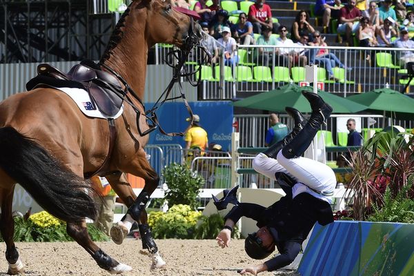 Une chute de cheval de l'Australien Scott Keach lors d'épreuves olympiques des Jeux Olympiques de Rio en 2016.