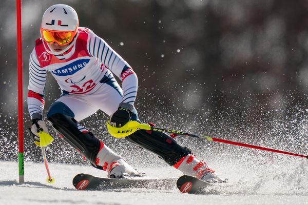 Arthur Bauchet lors du slalom (catégorie debout) samedi 17 mars 2018 aux Jeux Paralympiques de Pyeongchang. 