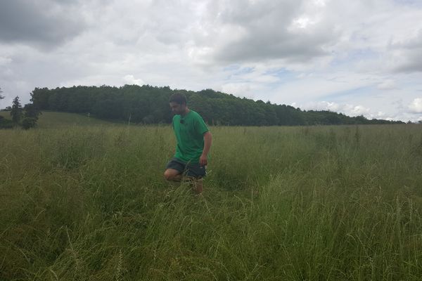 Cyrille Brigonnet qui inspecte ses champs au Thauron en Creuse sous un ciel orageux