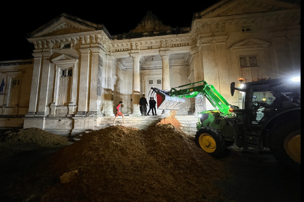 Action #lesraisinsdelacolère des Jeunes agriculteurs charentais, devant le palais de justice de Saintes, mardi 8 octobre 2024, pour dénoncer la surtaxe appliquée par la Chine sur les exportations de cognac.