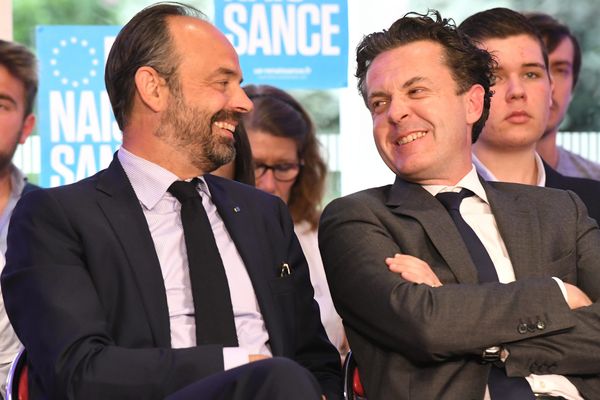 Christophe Béchu et Edouard Philippe lors du meeting de la liste Renaissance le 16 mai 2019 à Angers