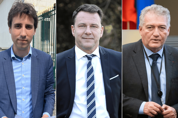 De gauche à droite, Pierre Gentillet, Jean-Lin Lacapelle et Christophe Bay, candidats du Rassemblement national