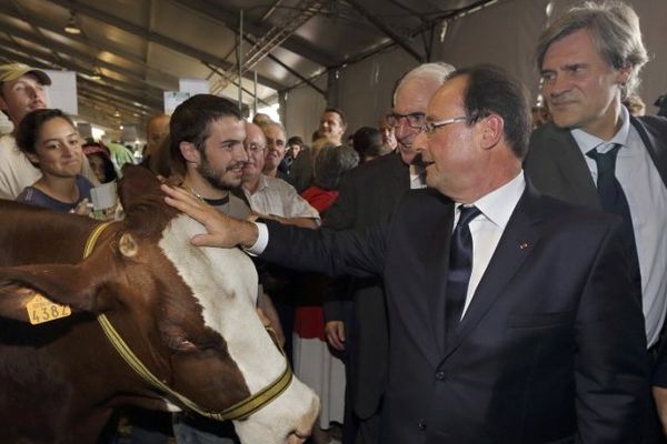 Le président de la République, François Hollande, et Stéphane Le Foll, ministre de l'Agriculture, lors de leur visite au Sommet de l'Elevage à Cournon d'Auvergne, le 2 octobre 2013.