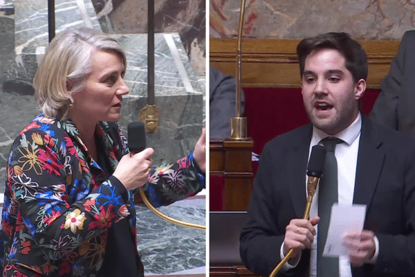 Les députés du Loiret, Thomas Ménagé et Stéphanie Rist, lors d'une séance sur l'examen du projet de loi sur la réforme des retraites.