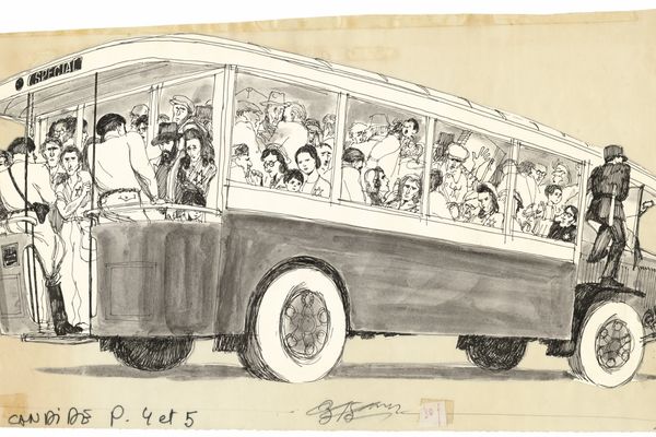 Un bus de la police française transportant des Juifs arrêtés lors de la rafle du Vel d’Hiv (les 16 et 17 juillet 1942). Dessin de Jean Cabut, dit "Cabu".