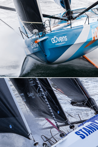 Pour avoir un bateau à foil (en haut de l'image) sur le Vendée Globe, le budget est beaucoup plus élevé et souvent réservé aux marins favoris comme Thomas Ruyant. Le choix peut aussi être philosophique comme c'est le cas d'Eric Bellion qui ne s'imagine pas faire un tour du monde sur un bateau à foil et qui reste donc sur un Imoca ancienne génération (en bas de l'image).