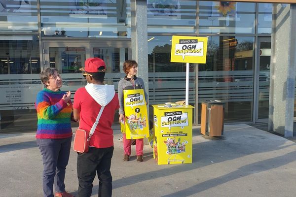 Les militants Greenpace Nantes se sont installés ce samedi après-midi devant le supermarché Carrefour pour sensibiliser les clients aux nouveaux OGM