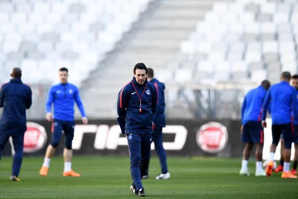 Session d'entraînement du Paris Saint-Germain au stade Matmut Atlantique de Bordeaux, la veille de la finale de la Coupe de la Ligue face à Monaco. 