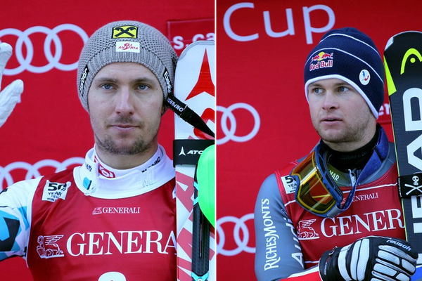 Marcel Hirscher (à gauche) et Alexis Pinturault (à droite) sur le podium après le combiné de Santa Caterina, en Italie.